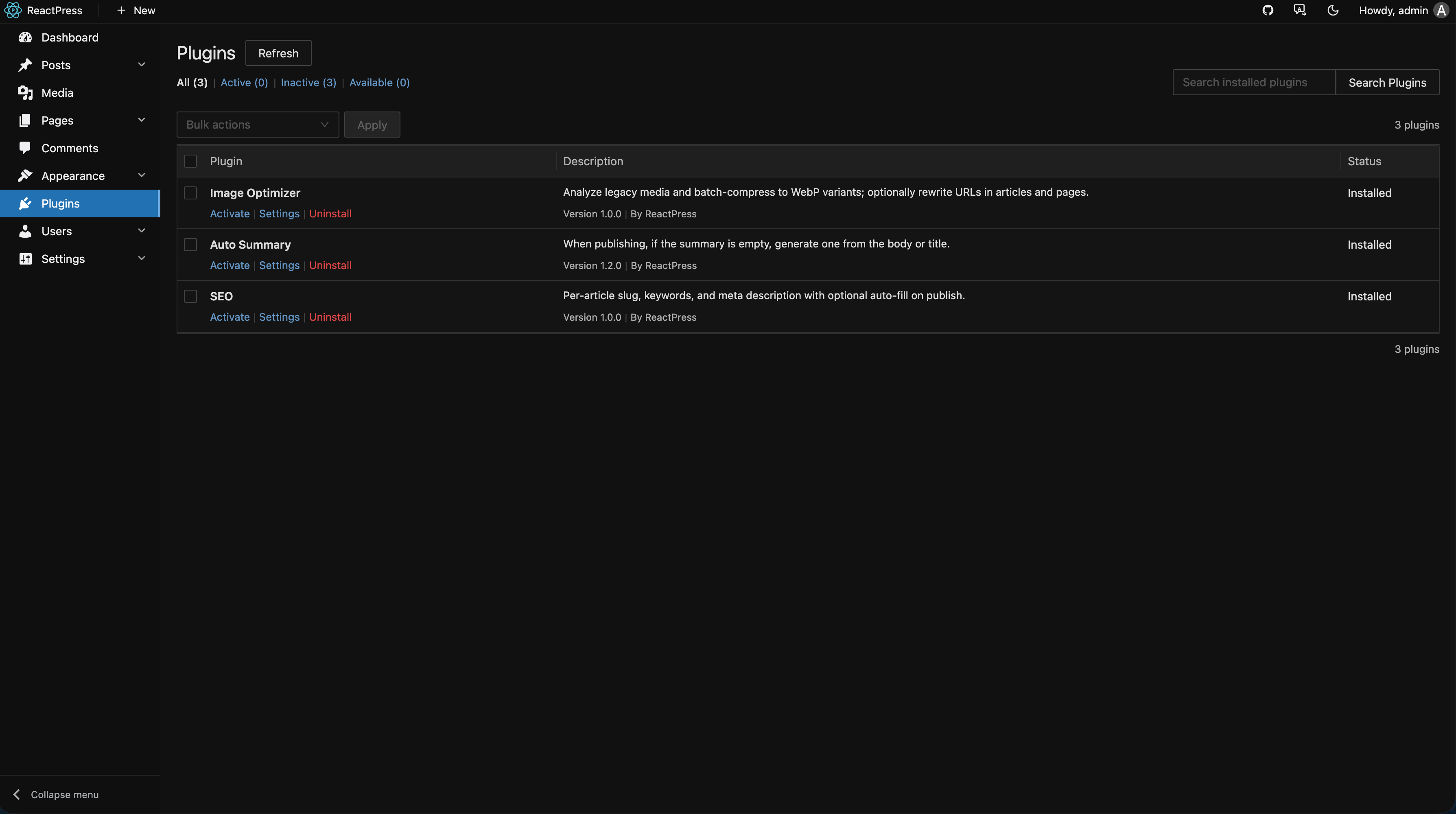 ReactPress Admin — plugin management