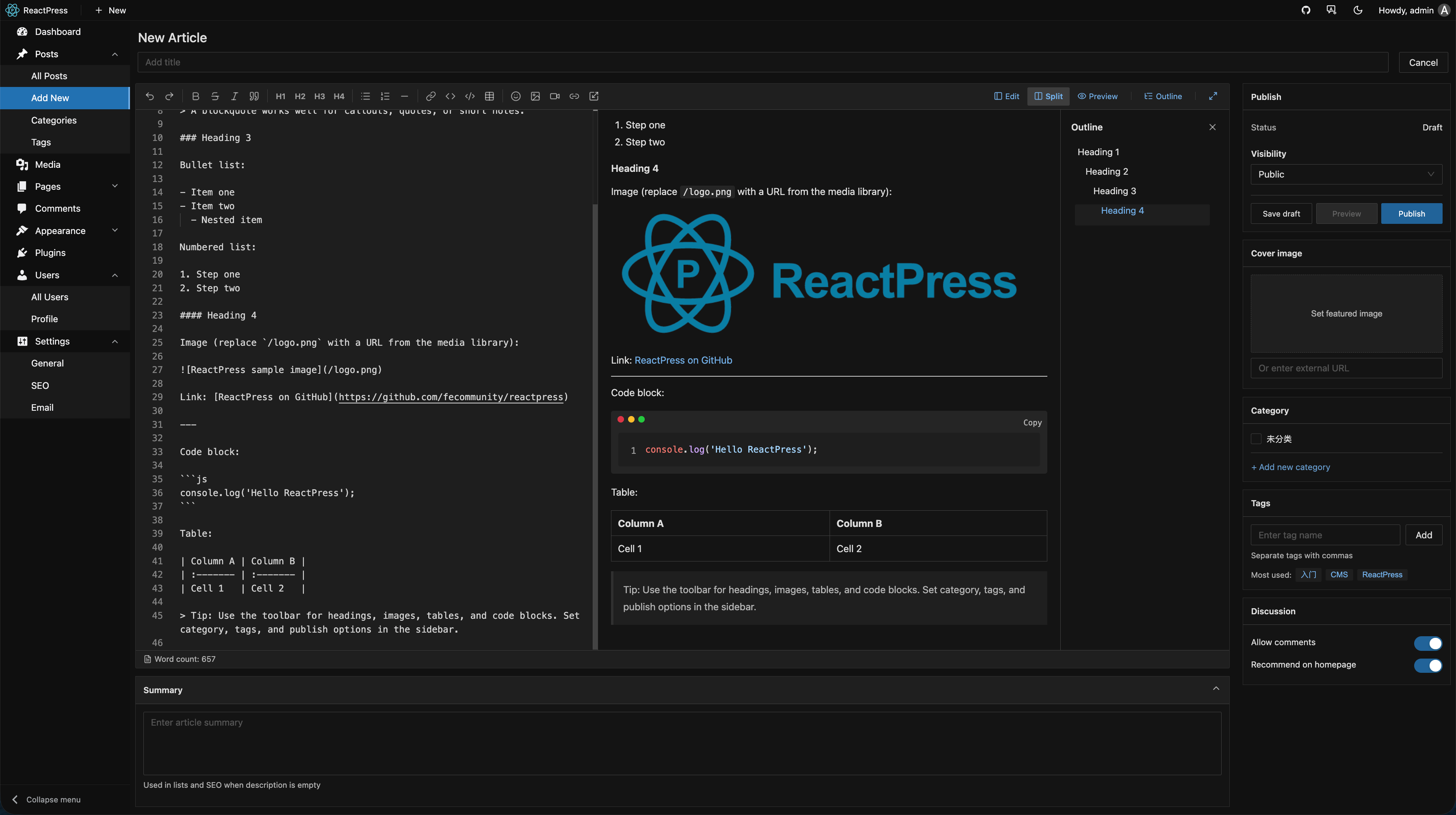 Post editor — Markdown with live preview