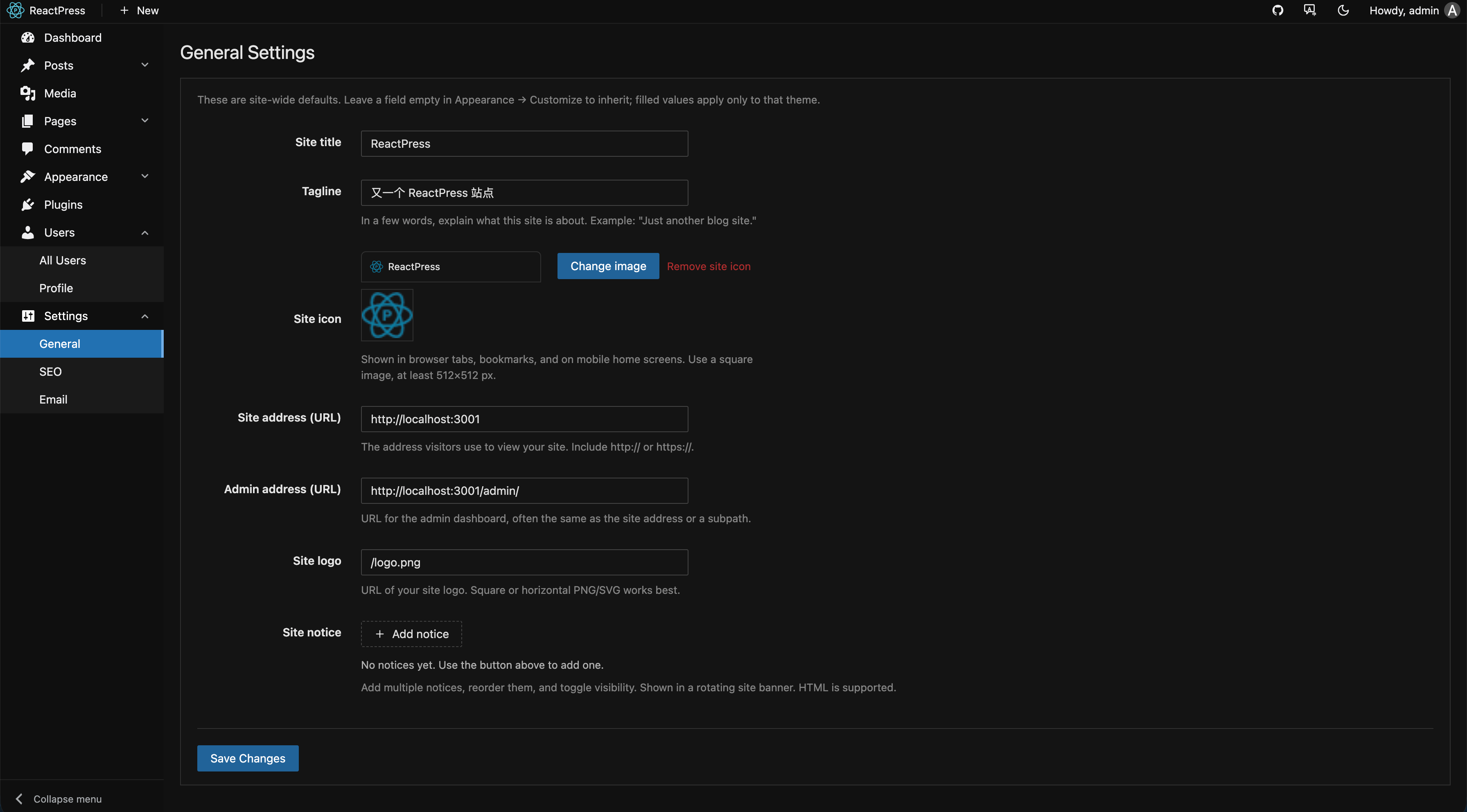 General site settings