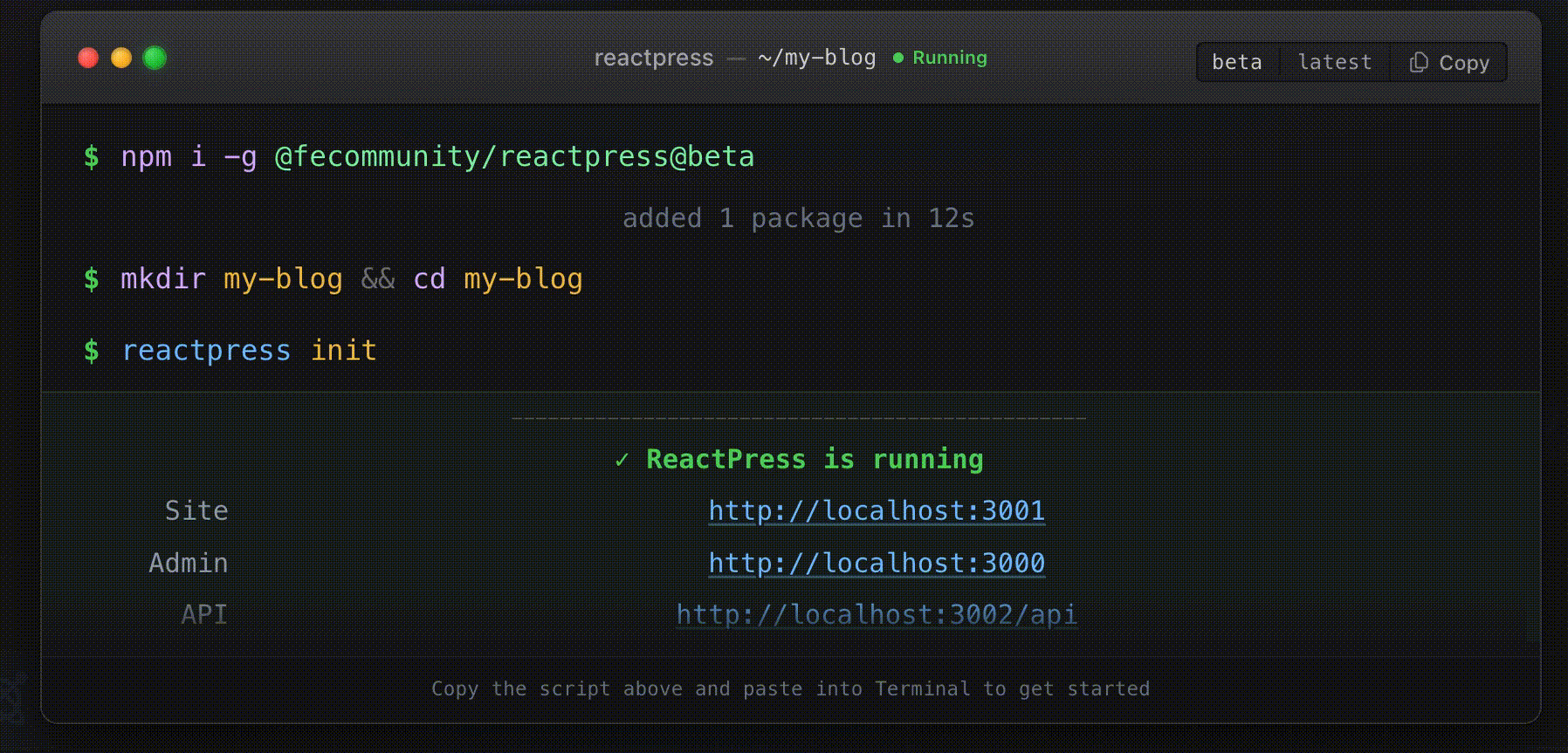 ReactPress CLI — 从安装到站点运行约 60 秒